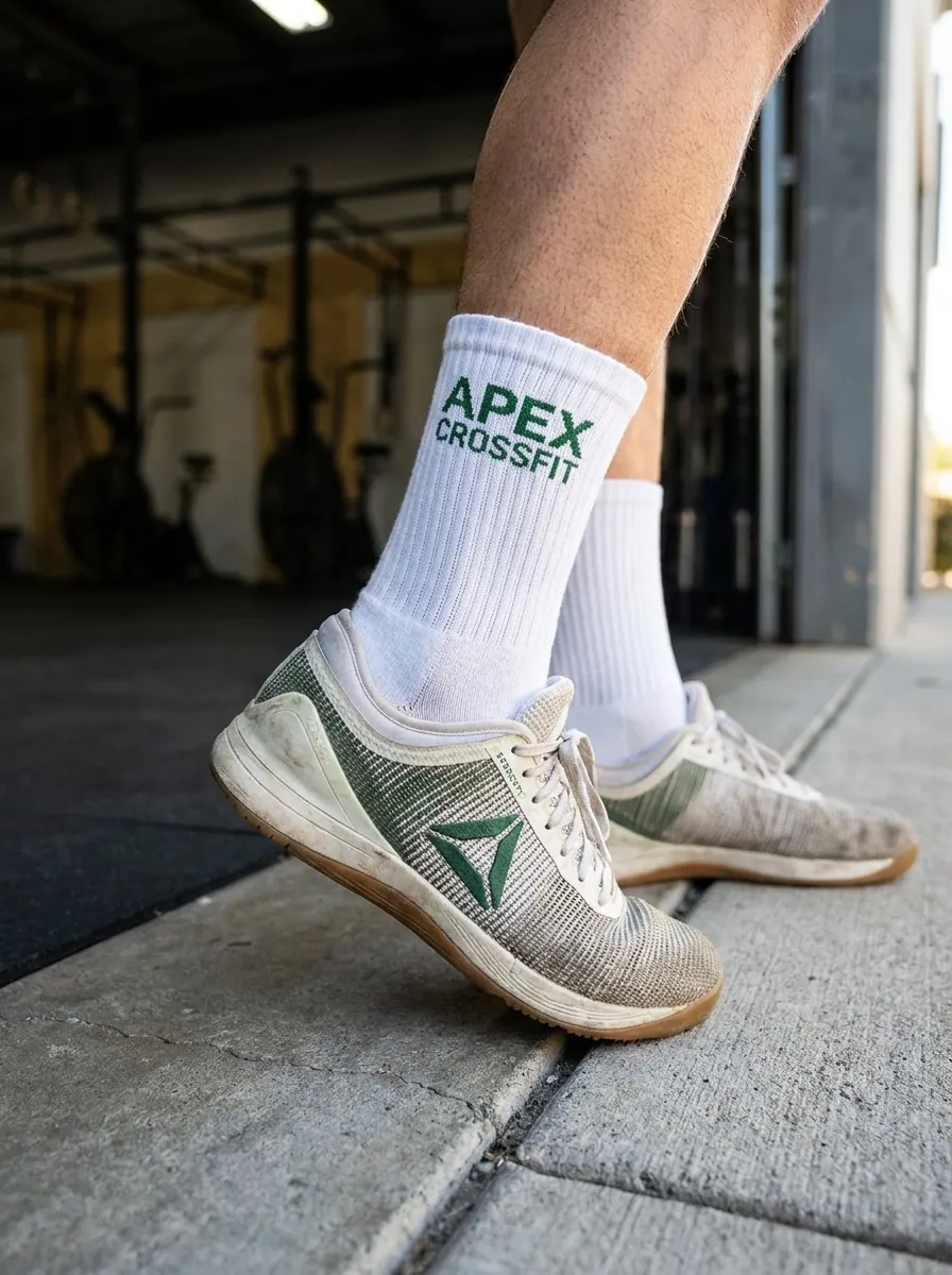 White branded custom sports sock with green Apex CrossFit logo, worn with training shoes outside a gym
