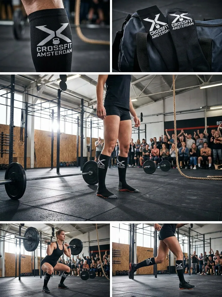 Custom branded knee-high compression socks with gym logo during a CrossFit workout