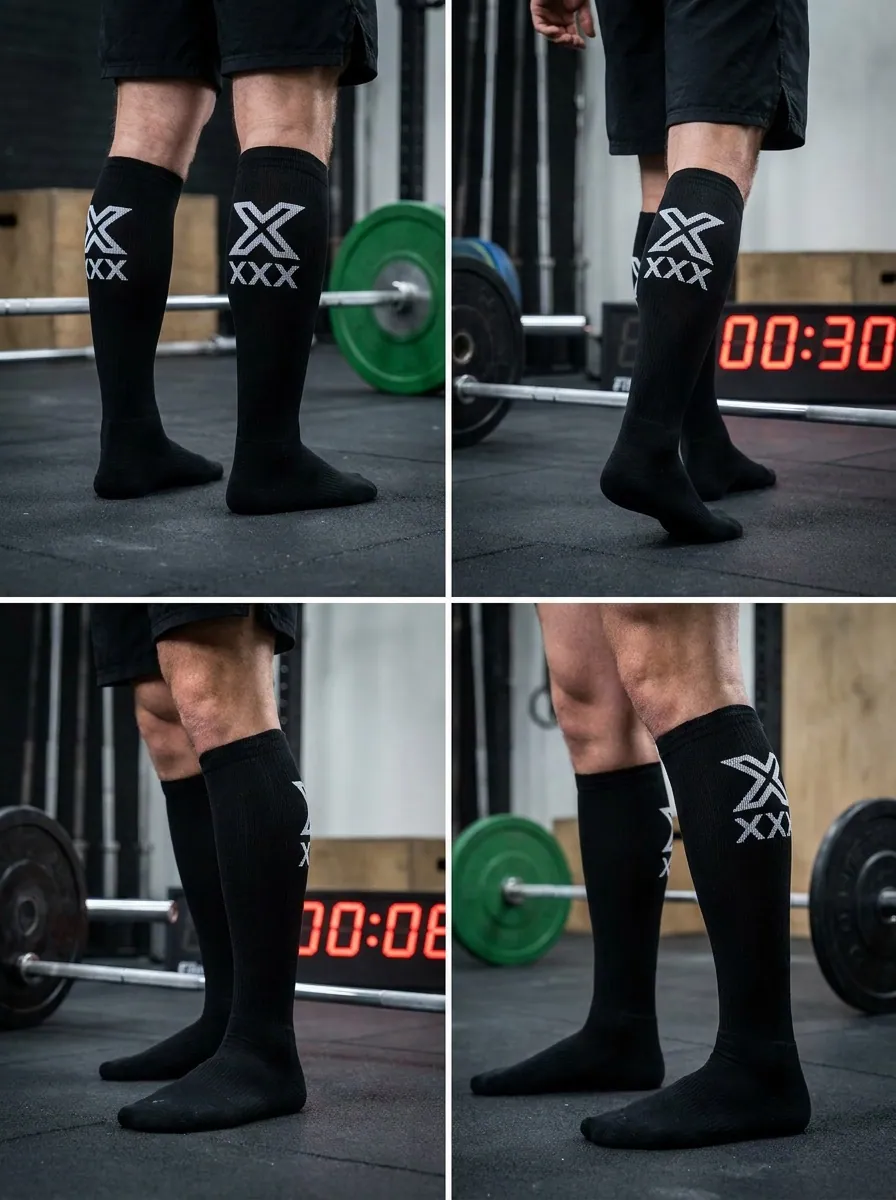 Black custom branded medical-grade compression socks worn at a CrossFit box with barbell and interval timer