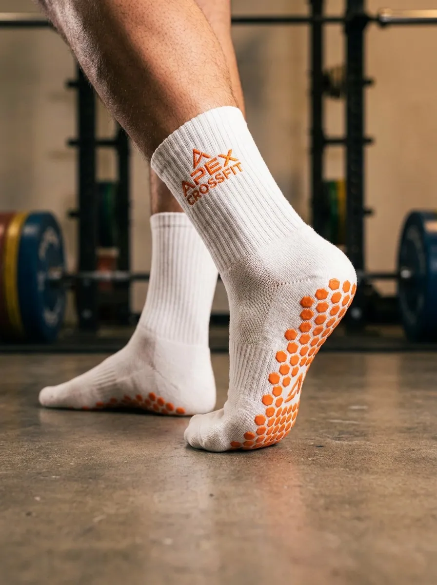 White custom grip sock with orange anti-slip hexagon sole and Apex CrossFit logo in a gym
