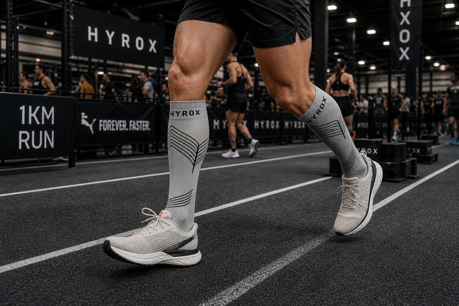 Athlete running at a Hyrox event in custom-branded knee-high compression socks