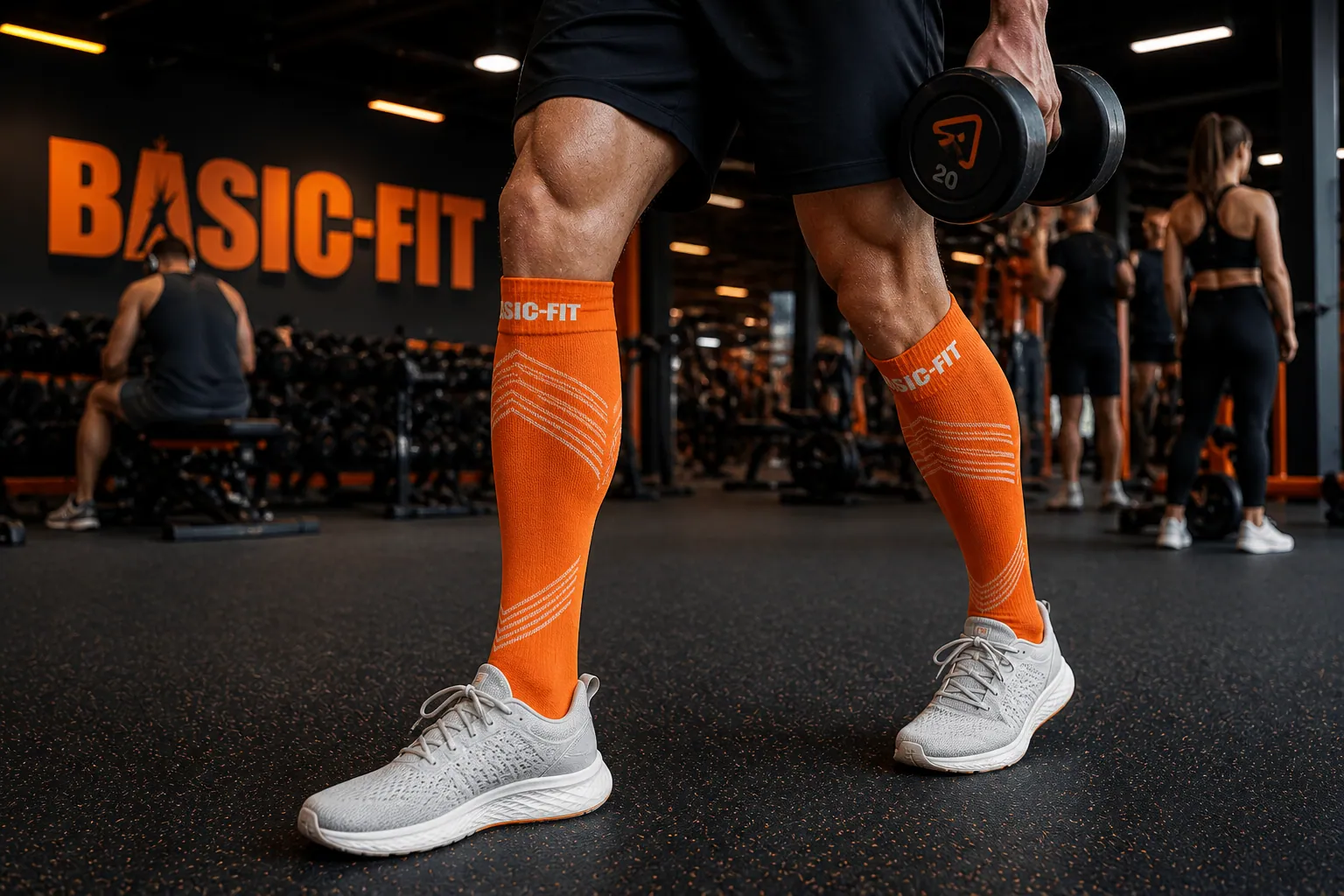 Custom orange branded compression socks worn at a gym