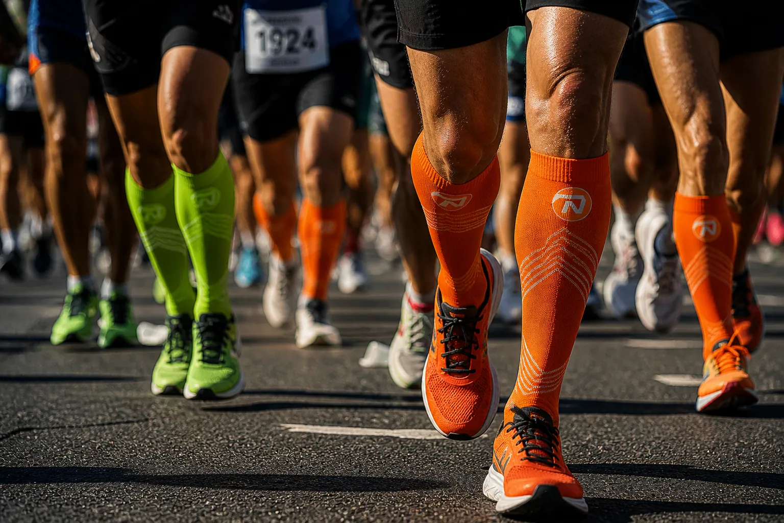 Marathon runners wearing branded compression socks